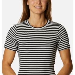 Columbia Sportswear Women's Columbia Essential Elements Striped Short Sleeve Shirt -Fashion Clothing Shop columbia womens essential elements striped short sleeve shirt 1907121 black front closeup 61279.1607362750