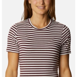 Columbia Sportswear Women's Columbia Essential Elements Striped Short Sleeve Shirt -Fashion Clothing Shop columbia womens essential elements striped short sleeve shirt 1907121 malbec front closeup 89223.1607362750
