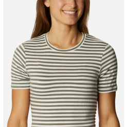 Columbia Sportswear Women's Columbia Essential Elements Striped Short Sleeve Shirt -Fashion Clothing Shop columbia womens essential elements striped short sleeve shirt 1907121 stonegreen front closeup 30459.1607362750