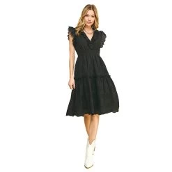 Women's Pinch V-Neck Eyelet Midi Dress