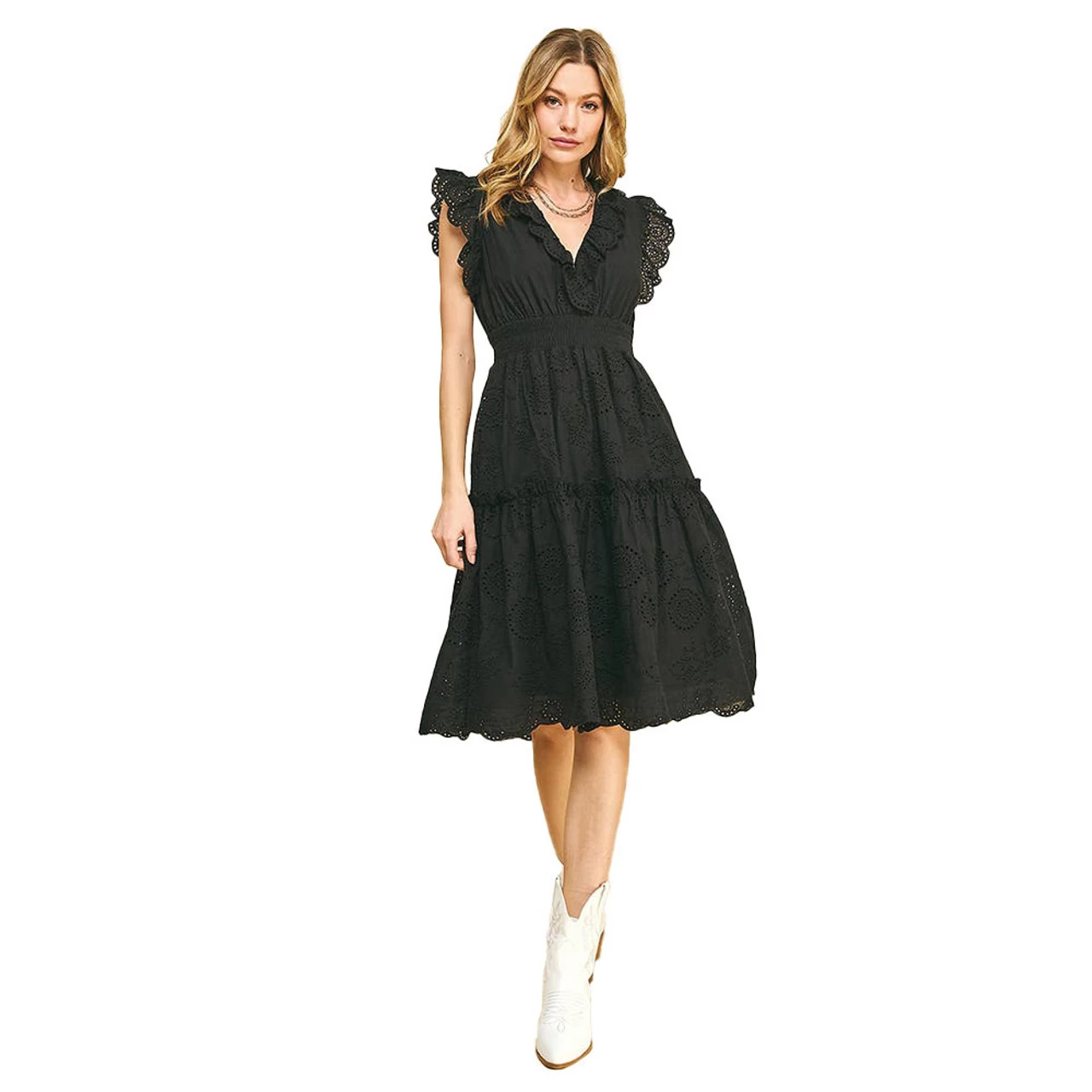 Women's Pinch V-Neck Eyelet Midi Dress 3 Women's Pinch V-Neck Eyelet Midi Dress