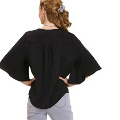 Women's Umgee Button Down Tie Front Top -Fashion Clothing Shop umgee womens button down tie front shirt C3454 black back 88406.1675185922