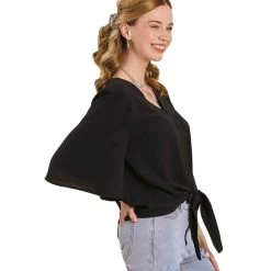Women's Umgee Button Down Tie Front Top -Fashion Clothing Shop umgee womens button down tie front shirt C3454 black side 15199.1675185922