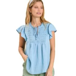 Women's Umgee Smocked Front Ruffle Sleeve Top