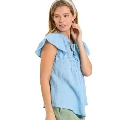 Women's Umgee Smocked Front Ruffle Sleeve Top 8 Women's Umgee Smocked Front Ruffle Sleeve Top -Fashion Clothing Shop umgee womens smocked front ruffle sleeve top C3463 ltblue side 36381.1675196163