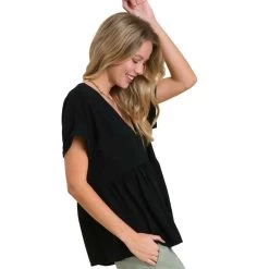 Women's Umgee V-Neck Babydoll Top -Fashion Clothing Shop umgee womens v neck babydoll top K6598 black side 44615.1675455712