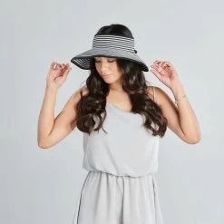 Women's San Diego Hat Company Signature Ultrabraid Large Brim Visor -Fashion Clothing Shop women san diego hat co signature ultrabraid large brim visor UBV002 OSBWS black white stripes lifestyle2 96543.1651610241