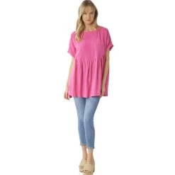 Women's Entro Round Neck Blouse -Fashion Clothing Shop womens entro round neck side slip top t19749 hot pink lifestyle 19846.1677880910