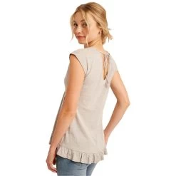 Women's Listicle Two Tone V-Neck Ruffle Top -Fashion Clothing Shop womens listicle two tone v neck tee LT0664 mocha grey back 70759.1674663348