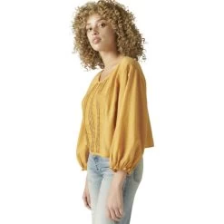Women's Lucky Brand Embroidered Long Sleeve Boxy Blouse -Fashion Clothing Shop womens lucky embroidered round neck boxy blouse 7W46237 9SY spruce yellow side 87680.1632352055