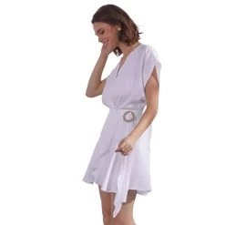 Women's Mustard Seed Ruffle Wrap Romper Dress -Fashion Clothing Shop womens mustard seed belted ruffle wrap romper S21740 white side 68606.1677596495