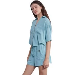 Women's Mustard Seed Collar Button Up Blouse -Fashion Clothing Shop womens mustard seed collar button up shirt S21240 sageblue side 85403.1677512279