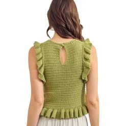 Women's Mustard Seed Ruffle Knit Blouse -Fashion Clothing Shop womens mustard seed ruffle crochet knit tank S21415 matcha back 86491.1677522840
