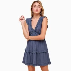 Women's Pinch V-Neck Ruffle Mini Dress